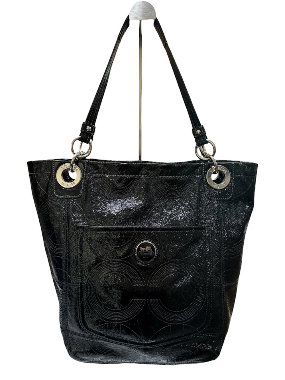Coach Y2K Alex OpArt Stitching Bucket Tote Black Liquid Glass Leather